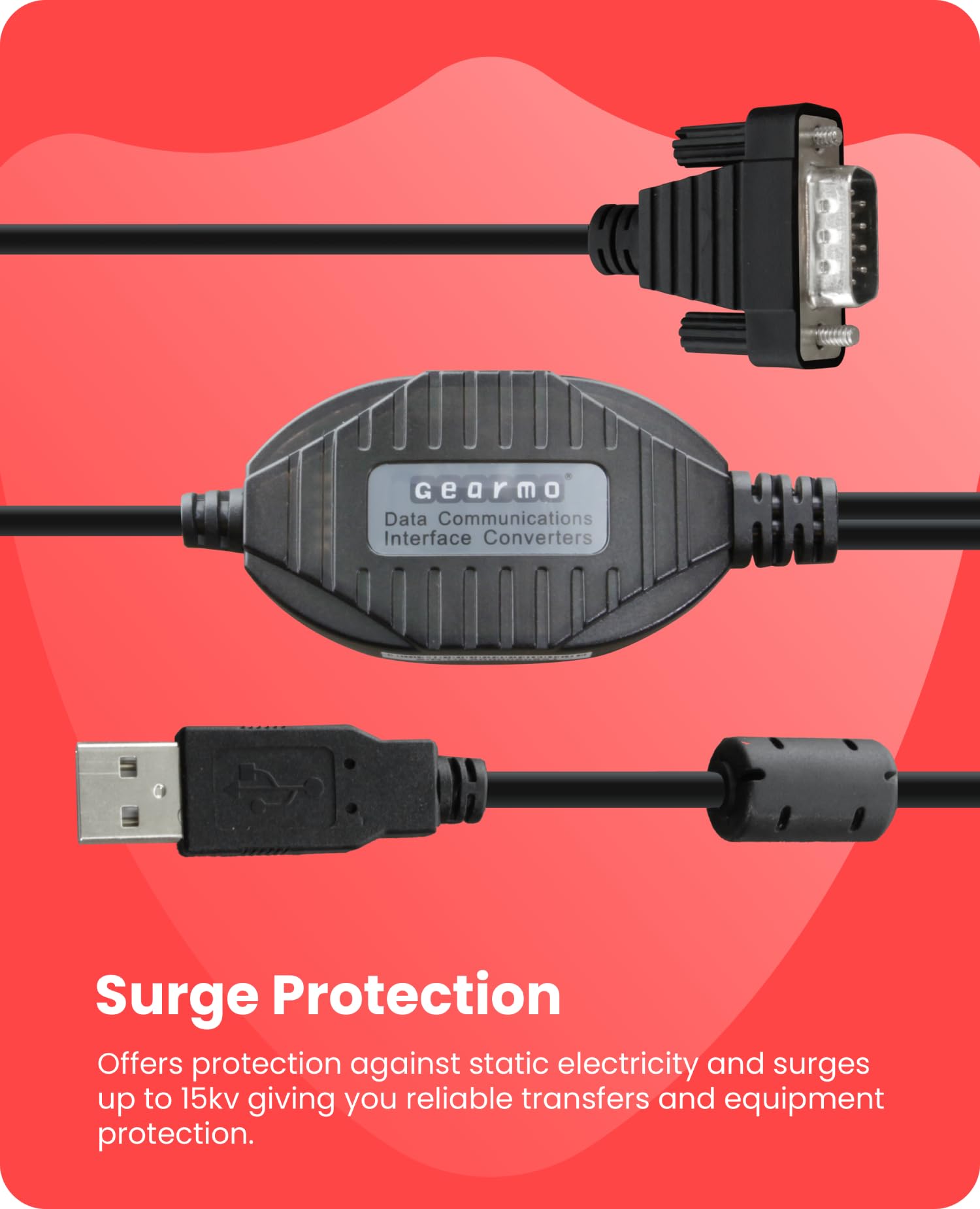 Gearmo 4 Port USB to Serial RS232 Adapter FTDI Chipset, Supports Win 11, 10, 8, 7, Linux, Mac w/ESD and Surge Protection
