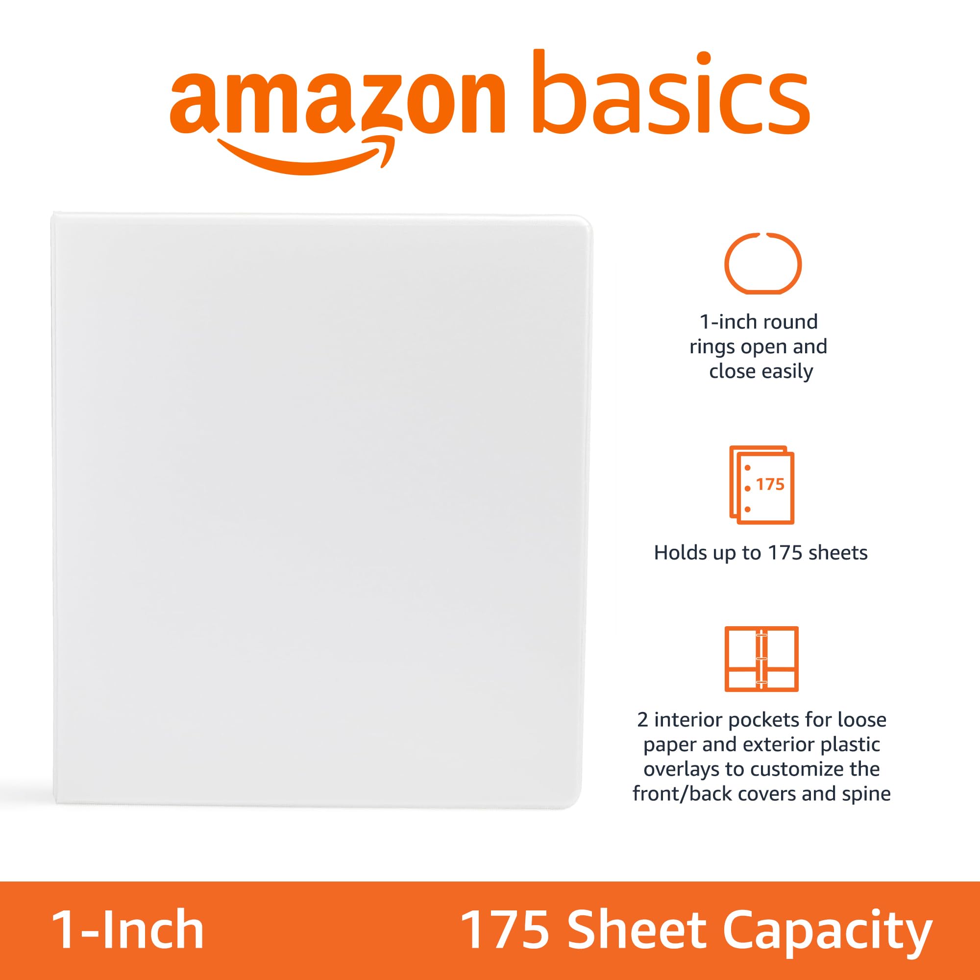 Amazon Basics 3-Ring Binder, 1-Inch - White, 4-Pack