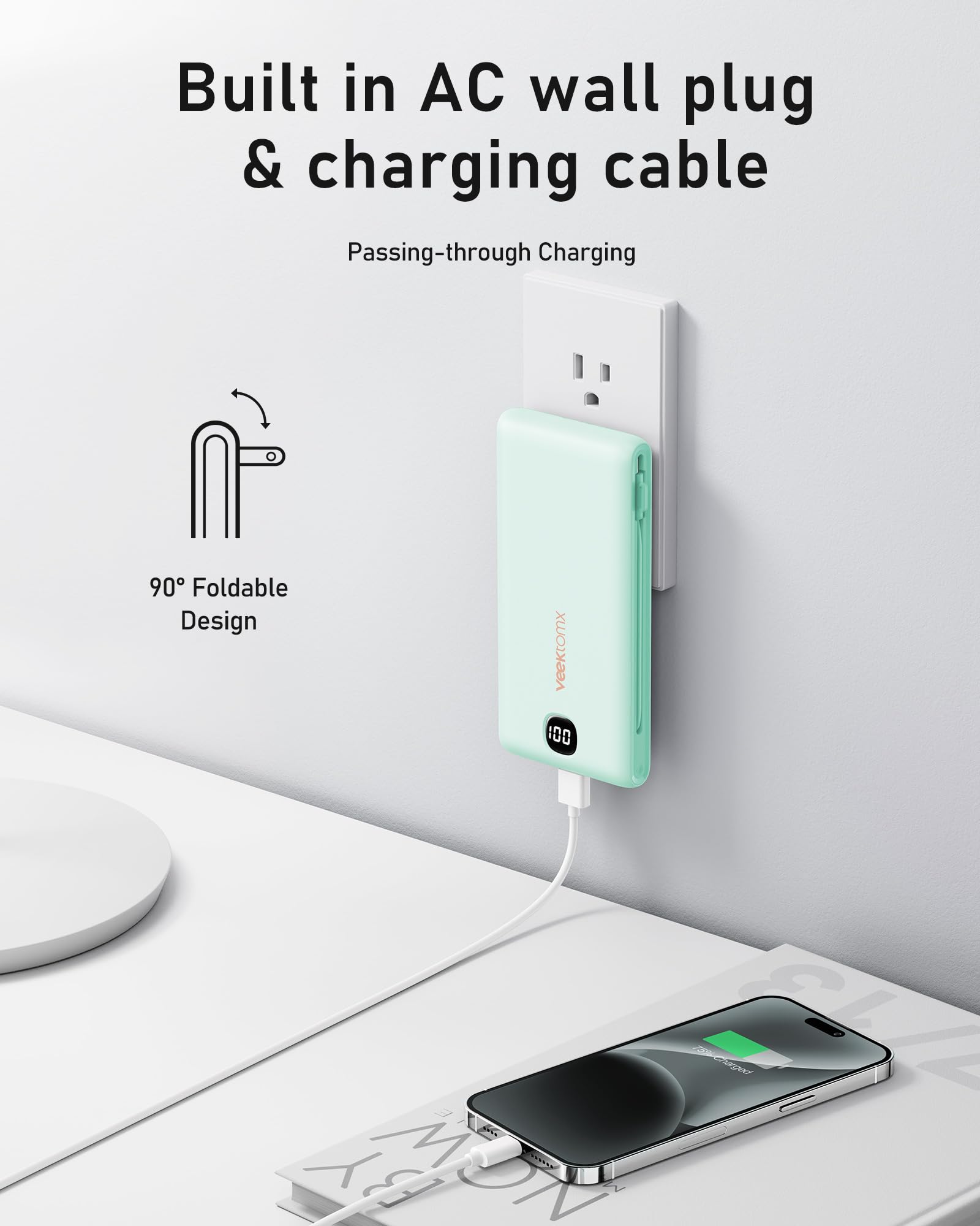 VEEKTOMX Portable Charger with Built in Cables 10000mAh, Power Bank for iPhone with Wall Plug, Travel Essential Fast Charging Slim USB C External Battery Pack for iPhone 17/16/15, Samsung, iPad, etc