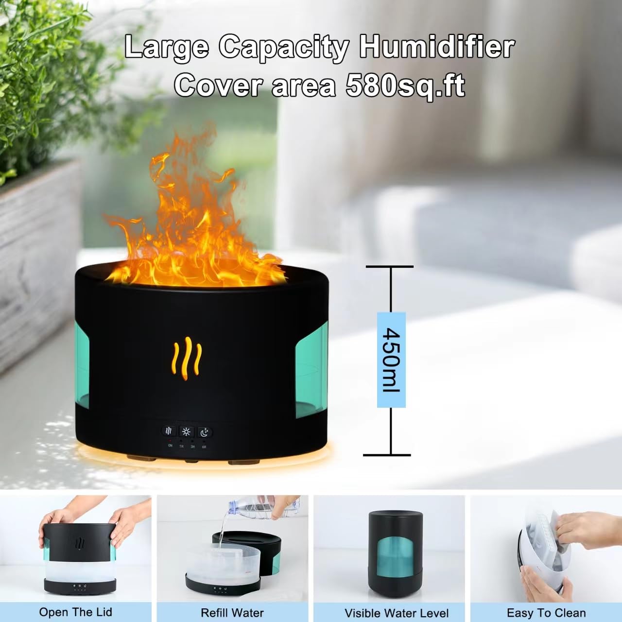 POSVIU Oil Diffusers for Home Large Room, 450ml Air Humidifier with Bluetooth Speaker, White Noise and Remote, Flame Humidifier for Bedroom, Office, 7 Colors Diffuser Gifts