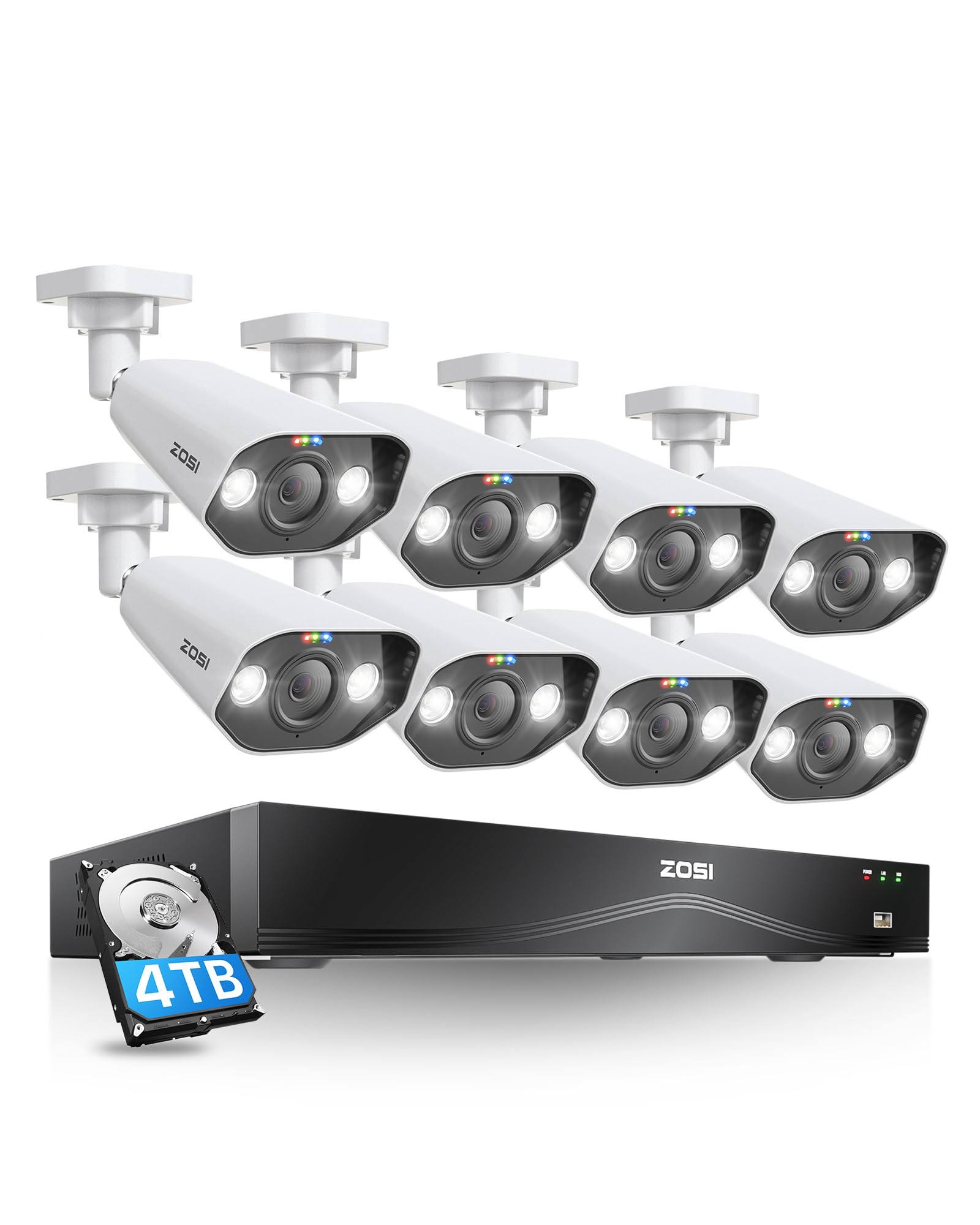 ZOSI 24CH 4K Spotlight PoE Security Camera System with Face/Person/Vehicle Detection,8pcs 4K Outdoor IP Cameras,2 Way Talk,Night Vision,16 Port 24CH 8MP Dual-Disk NVR with 4TB HDD for 24/7 Recording