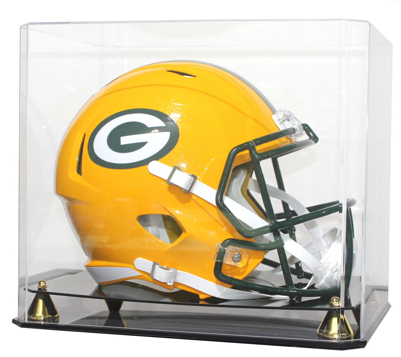 DisplayGifts Pro UV Football Helmet Display Case Stand fits Adult Size Baseball, Ice Hockey, Motorcycle, Football Helmets, Showcase with Gold Risers, One Piece No Assembly Required
