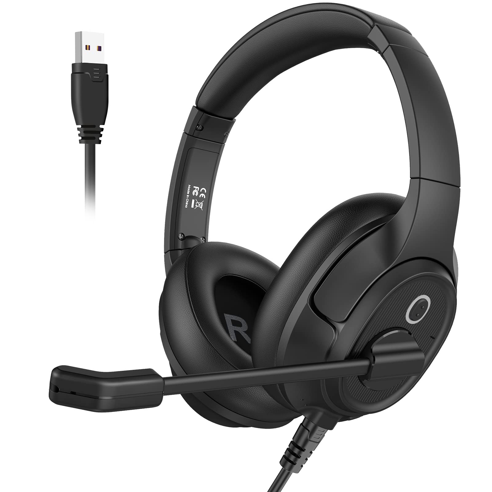 EKSA Headset with Microphone for Laptop, Wired Computer Headset with Volume & Mic Mute Controls, Lightweight PC Headphones for Office Call Center Skype (Over Ear USB Headset with AI ENC)