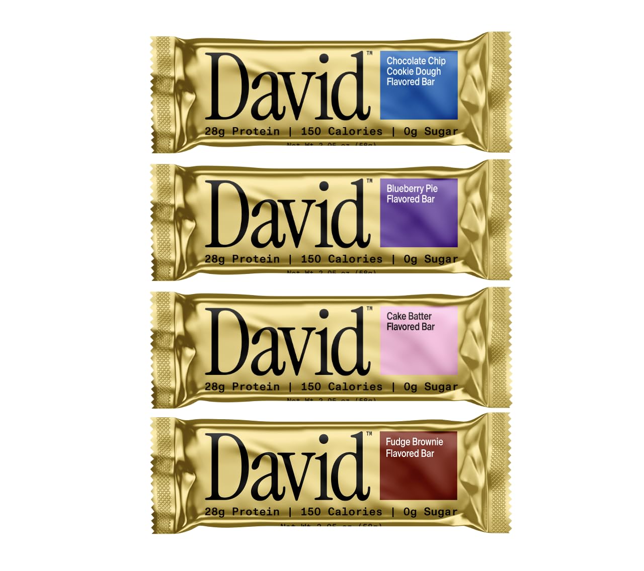 David, Protein Bar, Sample Pack, Variety Pack, Pack of 4 Protein Bars | 28g of Protein | 150 Calories | 0g of Sugar - High Protein, Low Carb, Gluten Free Protein Bar