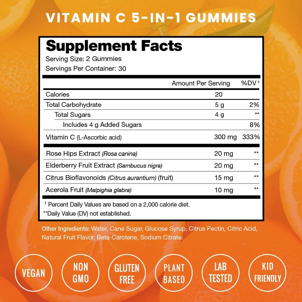 Vitamin C Gummies for Adults & Kids | 5-in-1 Immune System Support with Elderberry, Rosehips, Citrus Bioflavonoids & Acerola Cherry | Vegan VIT C Immunity Booster Supplement Chewable Gummy (2 Pack)