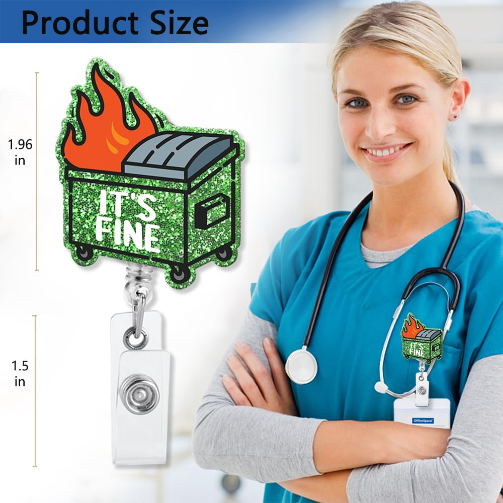 XQLZY It's Fine I'm Fine Green Glitter Cute Badge Reel Retractable with Alligator Clip, Funny Trash Can ID Card Badge Holder Gifts for Nurse Doctor Office Colleagues Firefighters Social Workers E