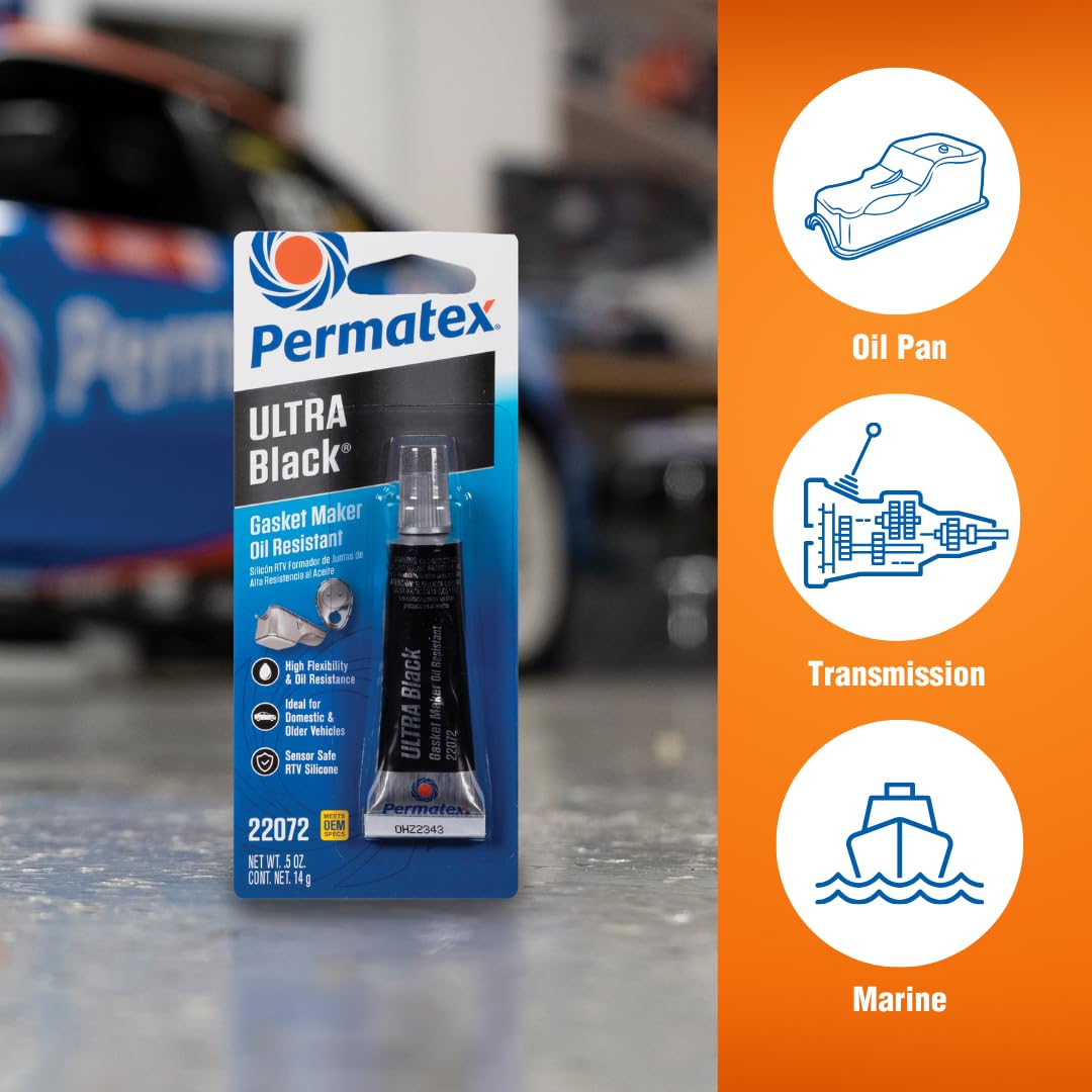 Permatex 22072 Ultra Black Maximum Oil Resistance RTV Silicone Gasket Maker, Sensor Safe And Non-Corrosive, For High Flex And Oil Resistant Applications 0.5 oz