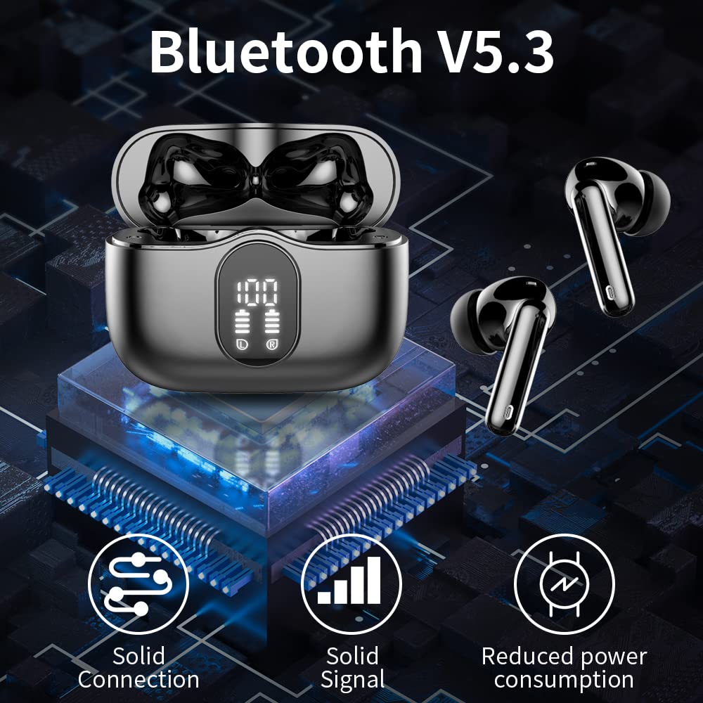 Wireless Earbuds, Bluetooth 5.3 Headphones Bass Stereo, Ear Buds with Noise Cancelling Mic LED Display, IP7 Waterproof in Ear Earphones, 36H Playtime for Laptop Pad Phones Sports Workout, Black