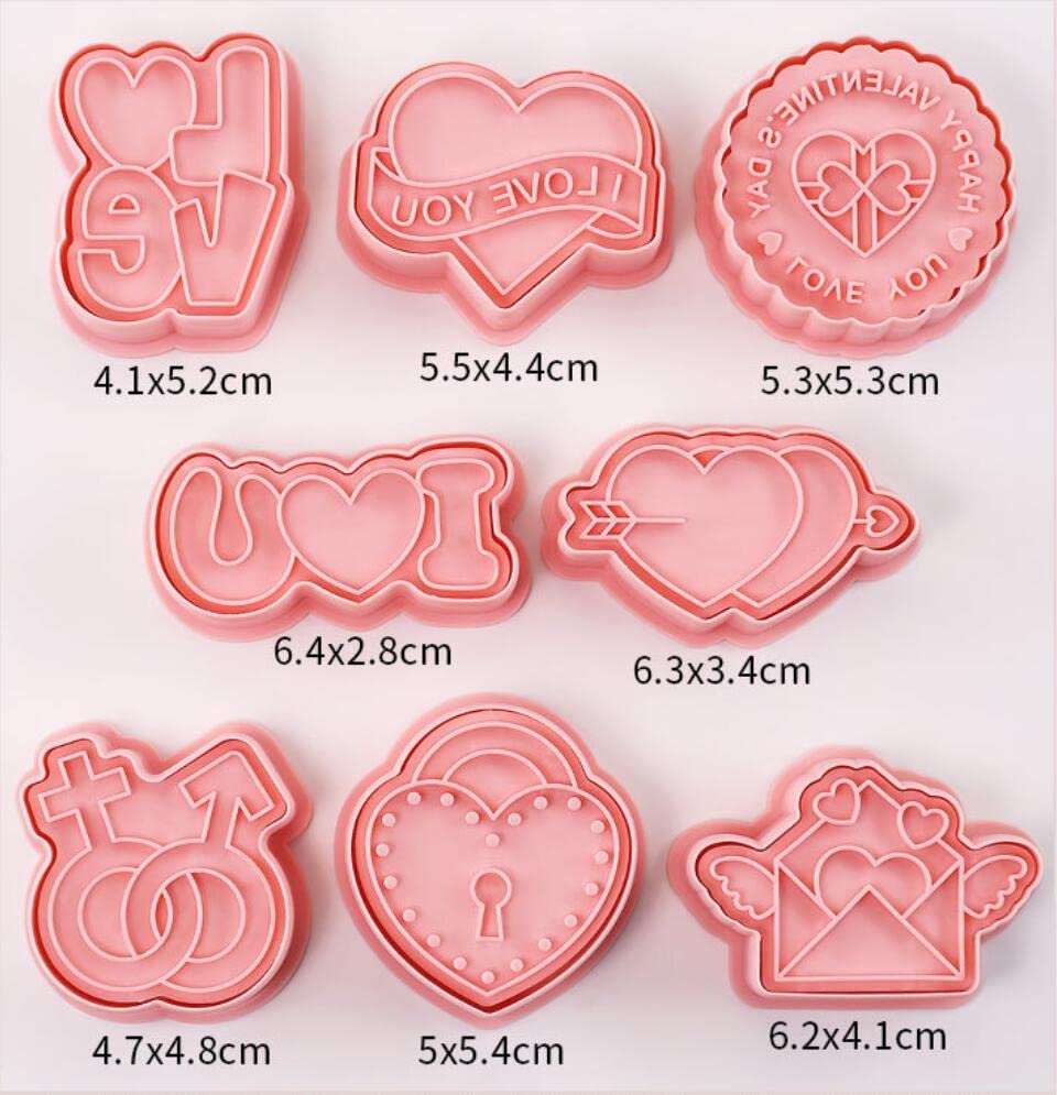 8 Pieces Valentine's Day Cookie Moulds For Baking I Love You Cookie Press Cookie Mould Set Kitchen Tools Plastic Cookie Stamps (Valentine's Day A)