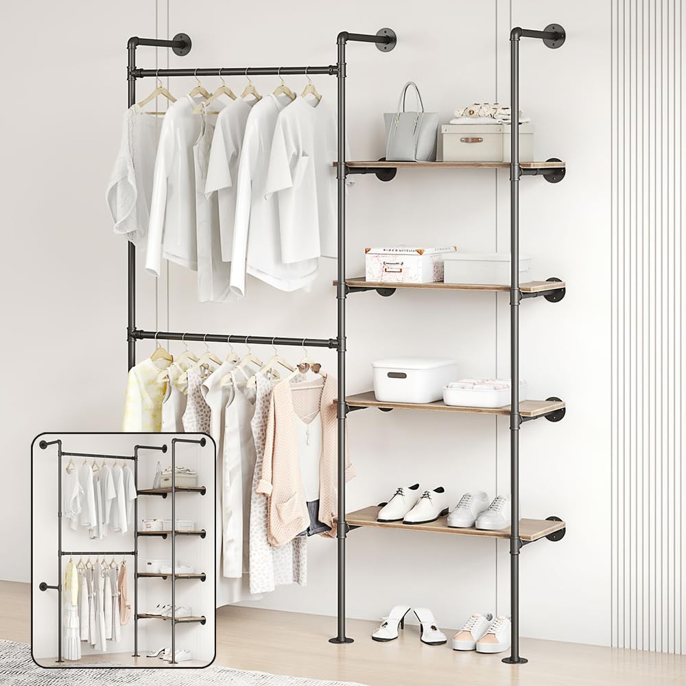 Woskar Industrial Pipe Clothing Rack, Hanging Rods Clothes Rack with Shelves, Clothes Rack for Wardrobe, Corner Closet System for Walk in Closets (Black, II-4Tier)
