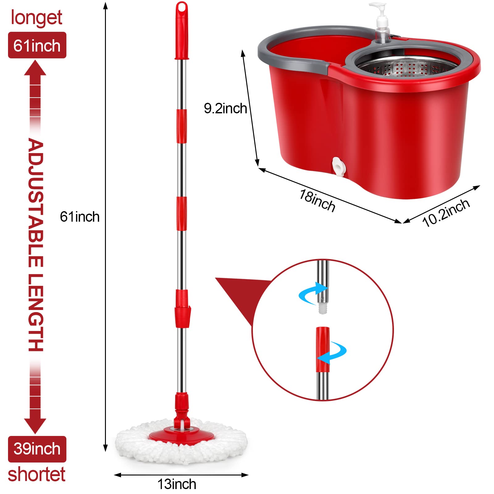 PULNDA Spin Mop and Bucket with Wringer Set，Mop and Bucket Set for Floor Cleaning with 3 Mop Refills 61 inches Telescoping Mop Rod for Office and Home use,Red,(360 Mop bucket)