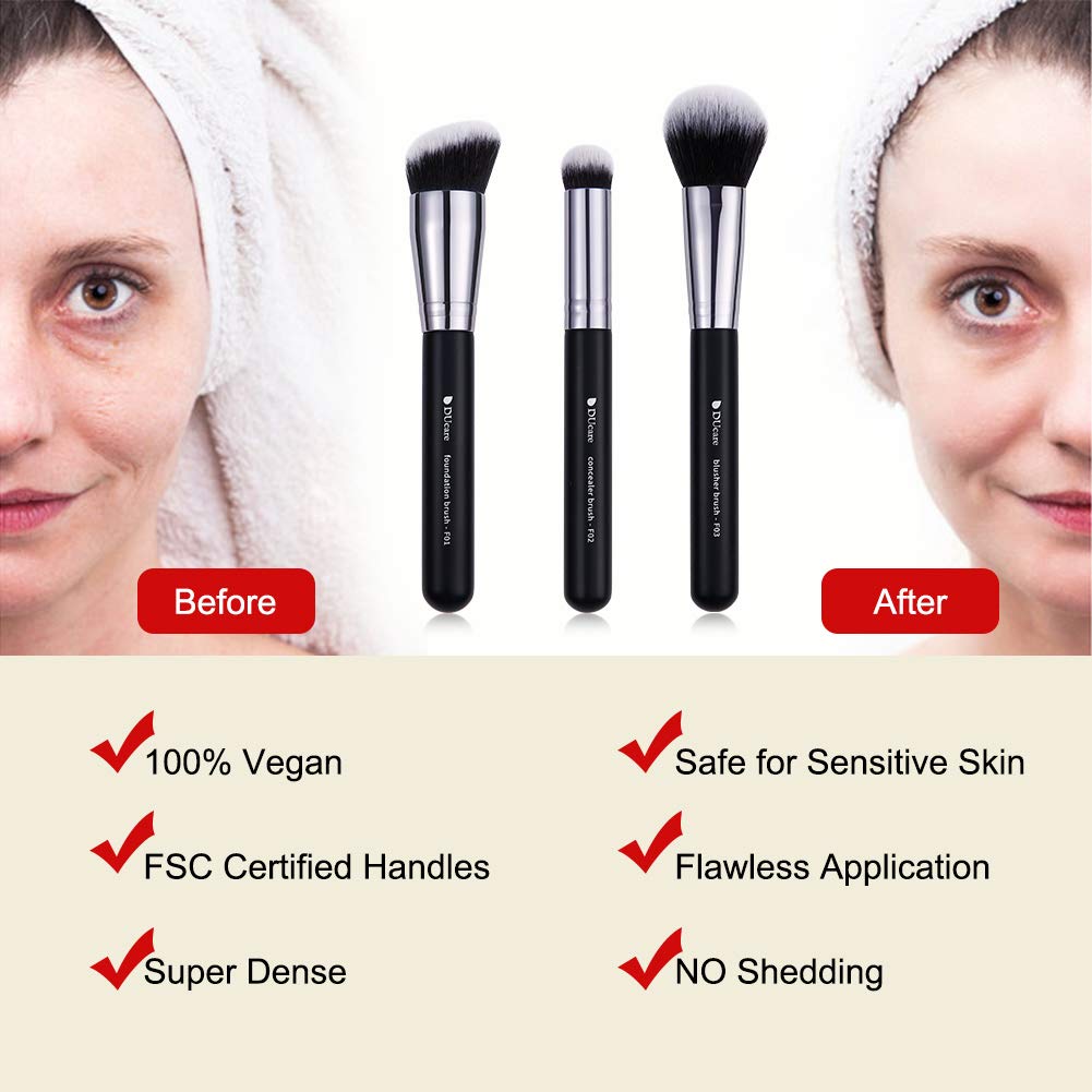 DUcare Makeup Kabuki Brushes 3Pcs Foundation Contour Brush& Concealer Brush Under Eye& Blusher Brush Face Blush Bronzer Travel Buffing Stippling Contour Liquid Blending Makeup brush set Black