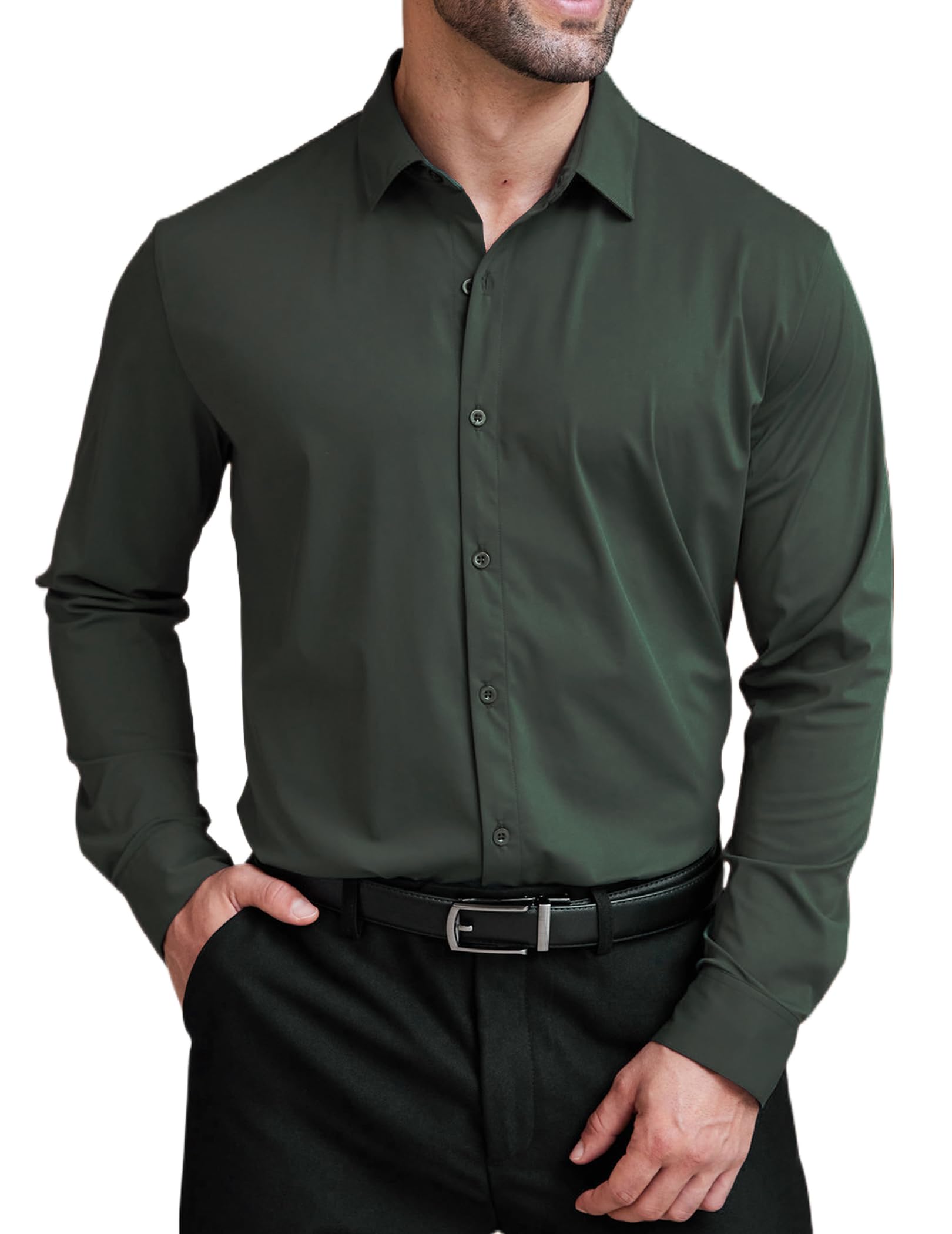 COOFANDY Men Long Sleeve Button Up Shirts Business Formal Dress Shirt Wrinkle Free Shirts Dark Army Green