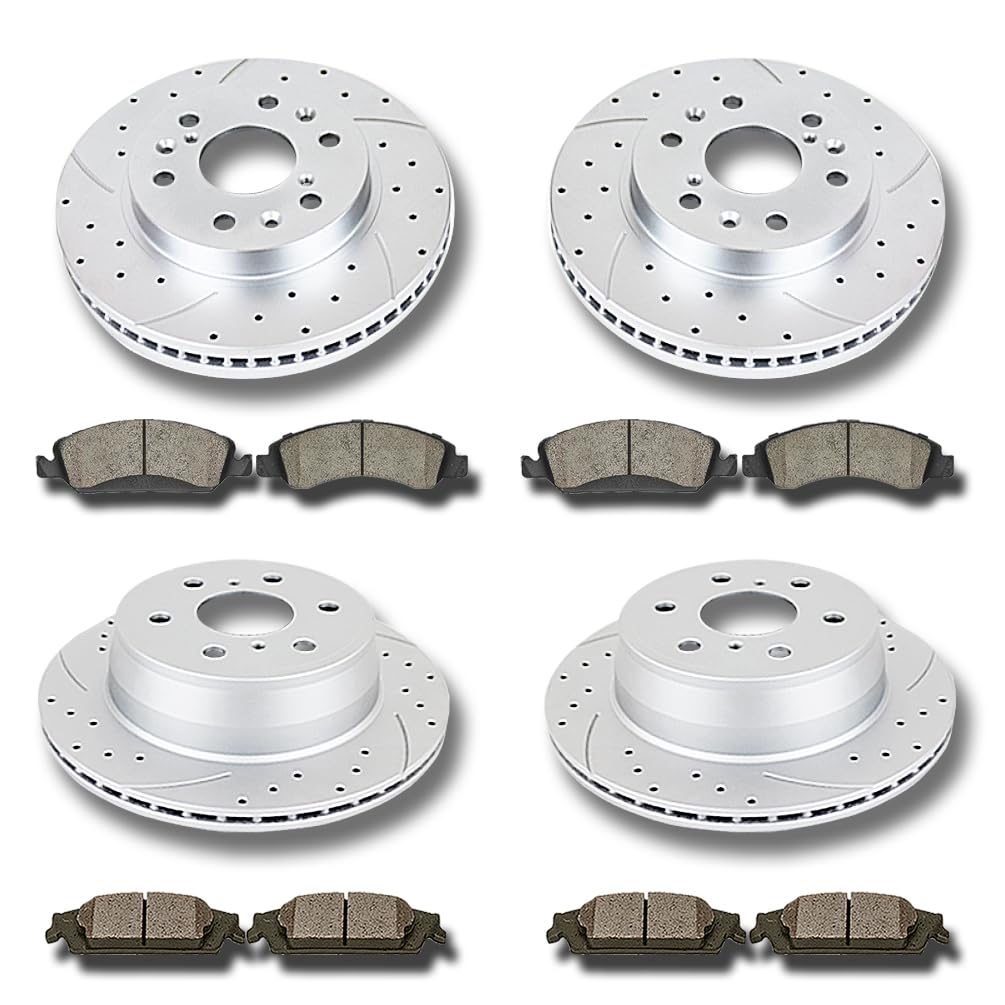 Front and Rear Brake Kit, Drilled and Slotted Brake Rotors Ceramic Brake Pads Suitable for CADILLAC ESCALADE SILVERADO 1500 TAHOE GMC YUKON