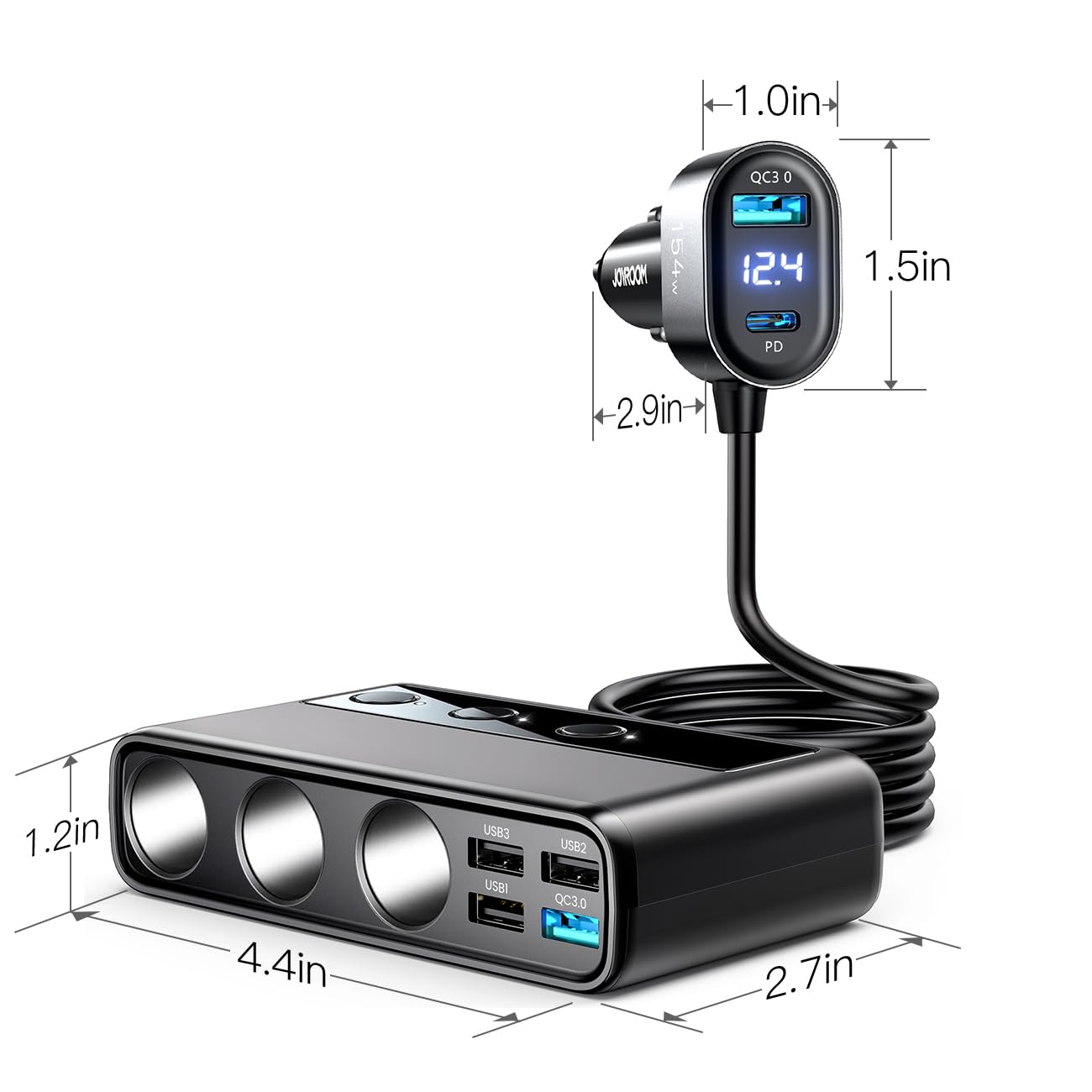 9 in 1 Cigarette Lighter Splitter, JOYROOM 154W Cigarette Lighter Adapter with PD/QC 3.0 * 2 Charge(3.3FT Cable), 12V/24V Independent Switches DC Cigarette Outlet Car Charger for All Car Devices