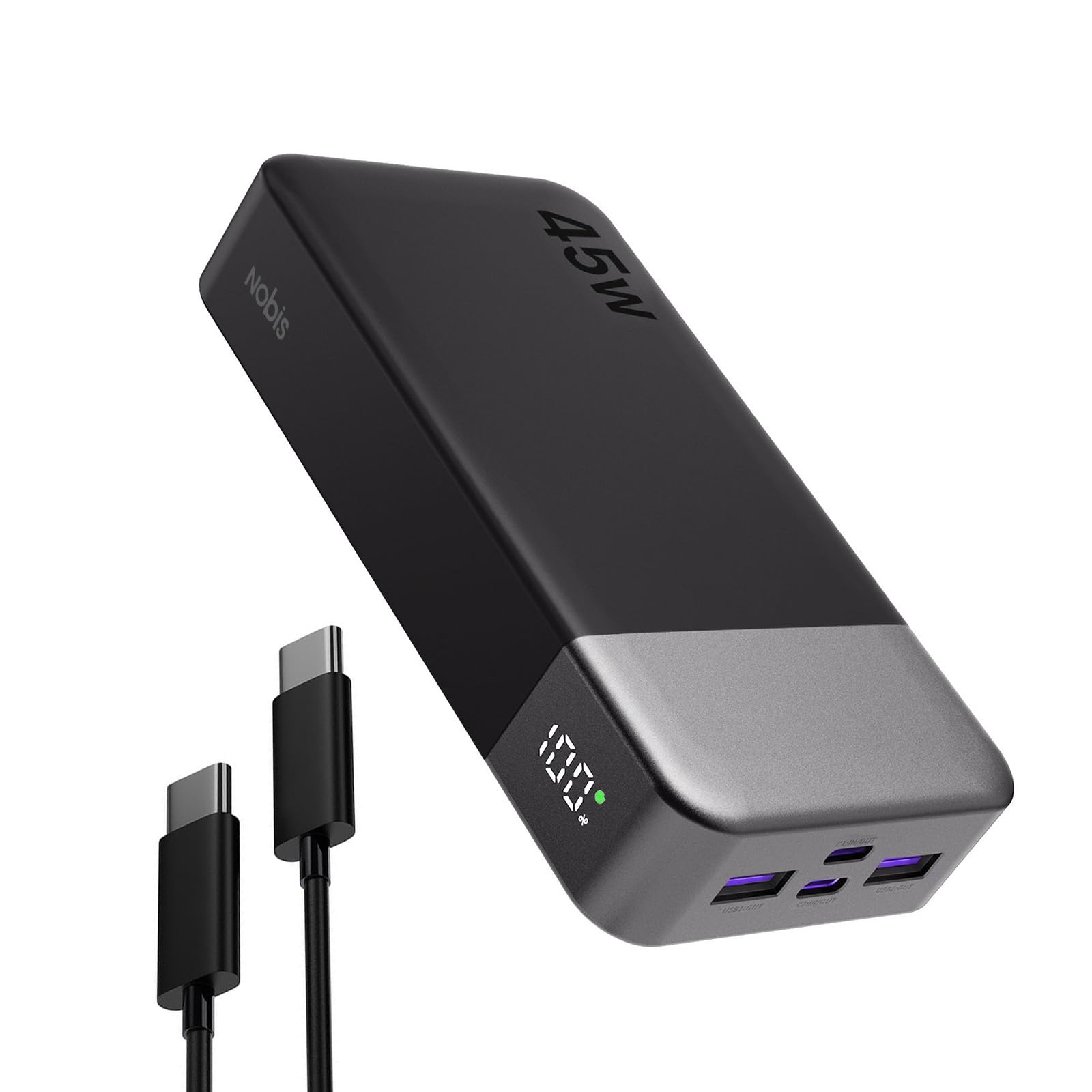 NOBIS Portable Charger, 20000mAh Power Bank, 45W Power Bank Fast Charging, Battery Pack with C to C Cable, Battery Bank with Digital Display for iPhone Samsung Android Laptop etc(Black)