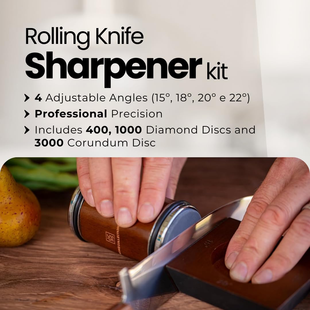 Rolling Knife Sharpener Kit have 15, 18, 20 & 22 Degrees and this Roller Knife Sharpener Set comes with 400 & 1000 Diamond Discs and 3000 Corundum Disc