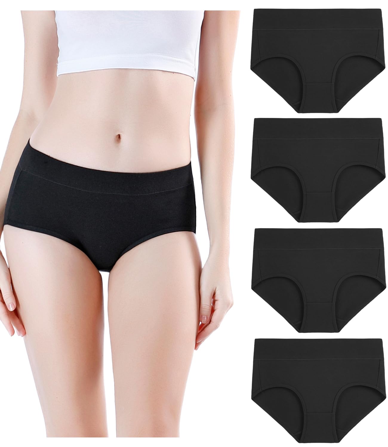 wirarpa Women's Underwear Cotton Mid Waisted Ladies Panties Full Coverage Briefs Black Large