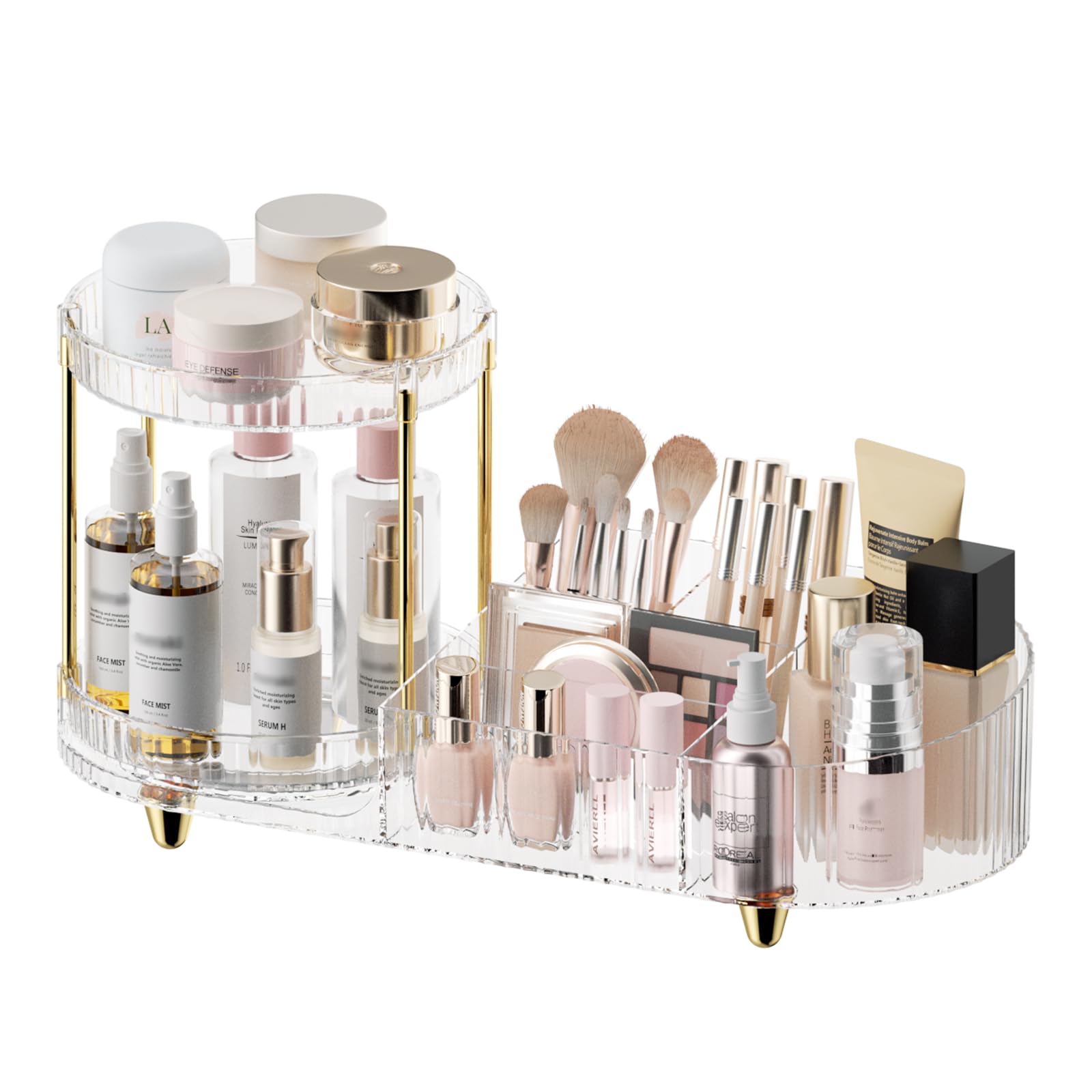 Makeup Organizer Countertop for Vanity, Rotating Perfume Tray with 5-compartment Cosmetic and Skincare Organizers, Multi-Purpose Desk Storage Makeup Brush Holder for Bathroom Bedroom Counter