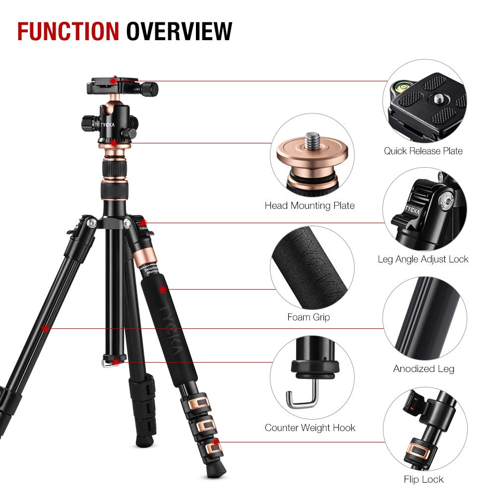 TYCKA 56” Camera Tripod, Lightweight Aluminum Travel Tripod Professional Compact Tripod Monopod for DSLR Camera with 360 Degree Ball Head, Quick Release Plate, Carry Bag