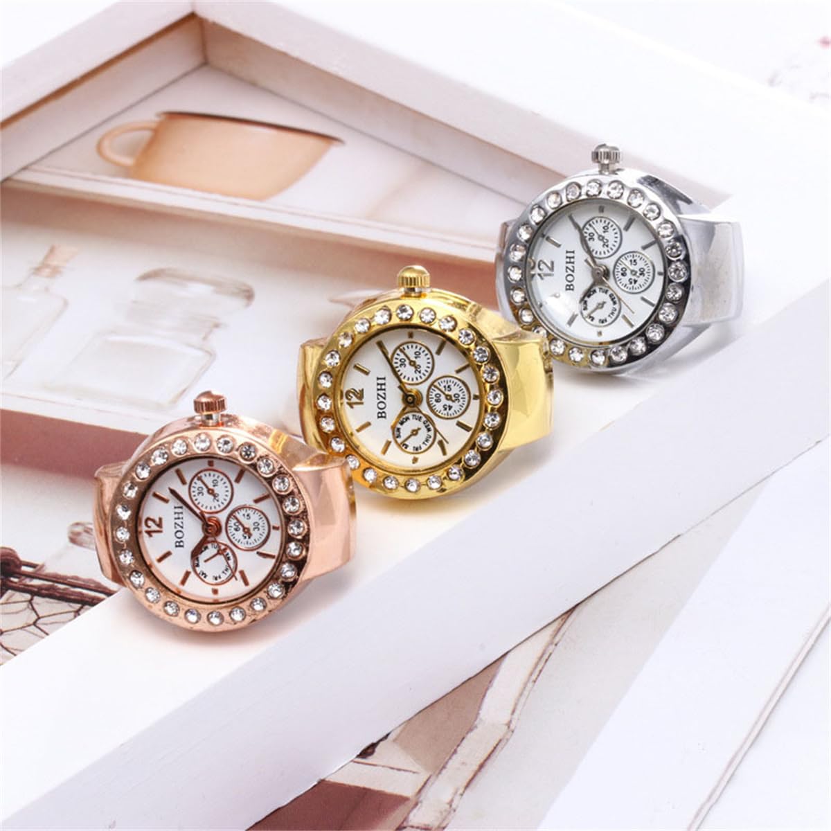 CdyBox Women Elegant Finger Watch with Diamonds Round Quartz Analog Ring Watch for Men 3 Pack