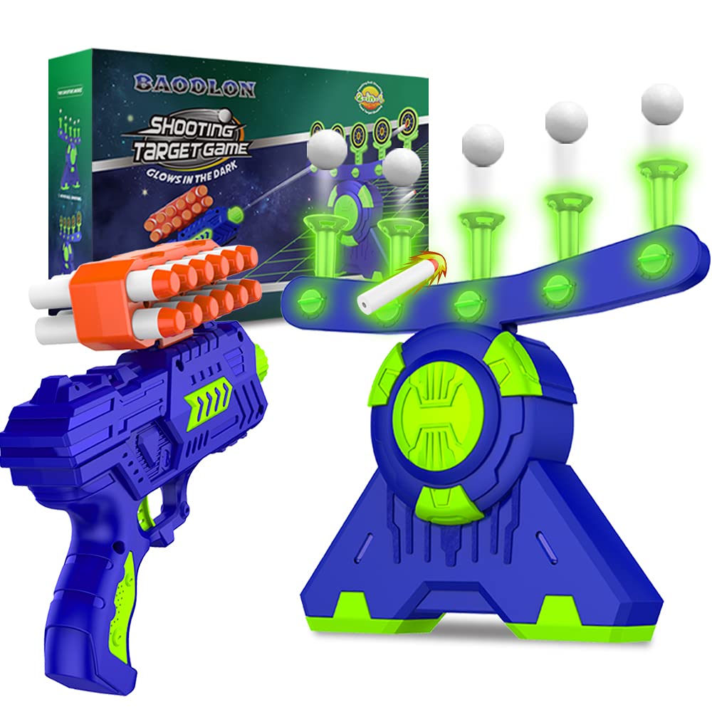 BAODLON Shooting Games Toy for Age 5, 6, 7, 8, 9, 10+ Years Old Kids, Boys - Glow in The Dark Floating Ball Target with Foam Dart Toy Gun, 10 Balls/5 Targets - Ideal Gift