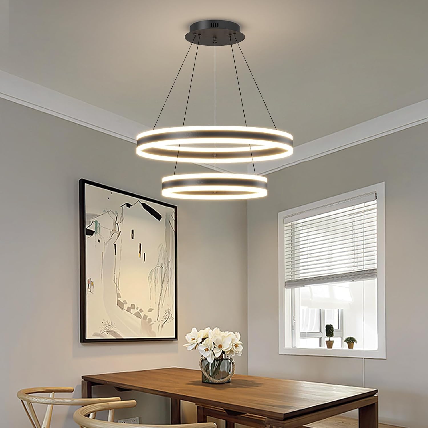 Modern Chandeliers for Dining Room, 2-Ring LED Chandelier Light Fixture for Living Room, Black Circle Hanging Pendant Light with Remote Control for Bedroom, Adjustable Height, 3000-6500K Dimmable