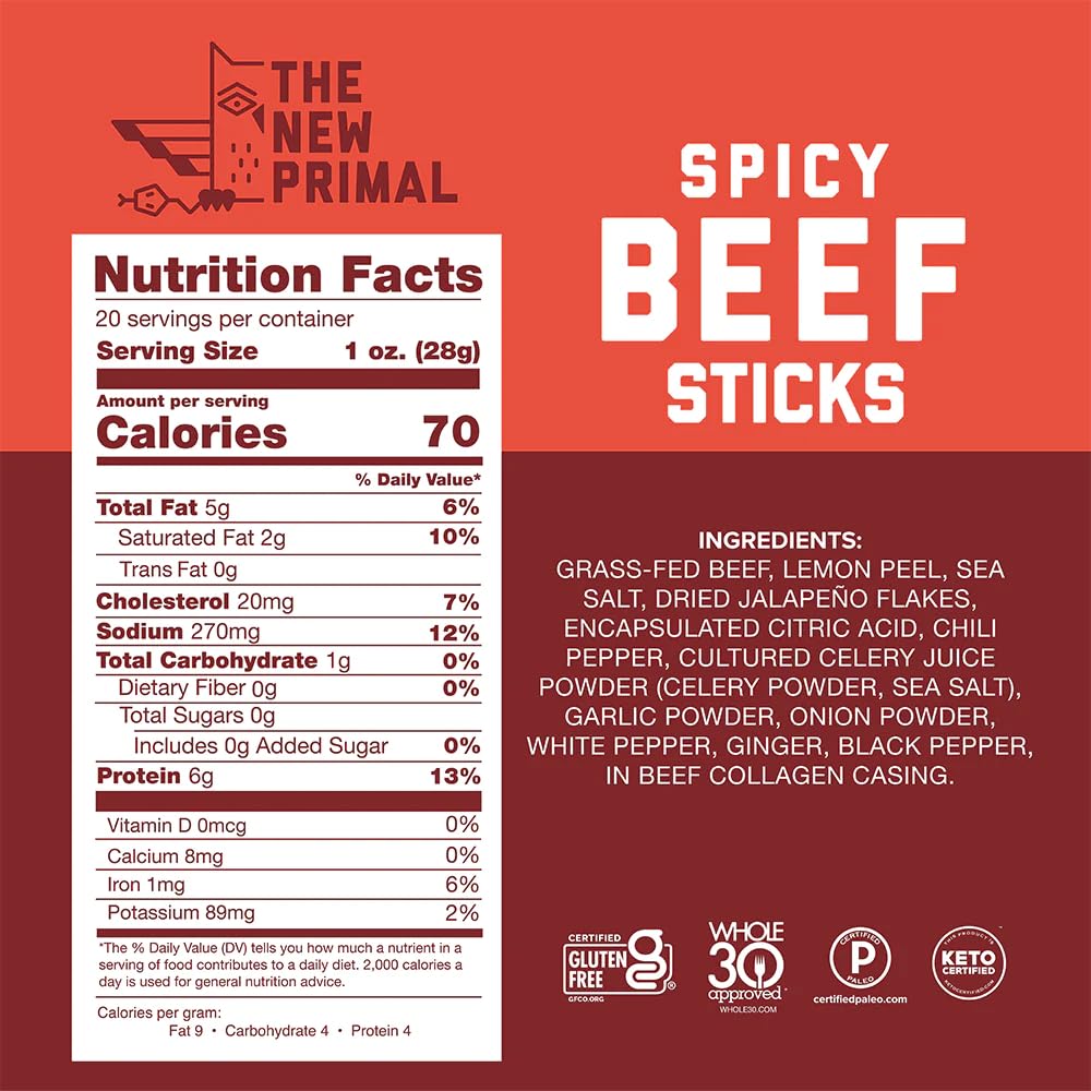 The New Primal, Meat Stick Sampler, Whole30 Approved, Paleo, Keto, Certified Gluten Free, Low Carb, High Protein Snack, Pantry Snacks, Sugar Free, Grass-fed Beef, 1 Oz Sticks (10 Sticks Total)