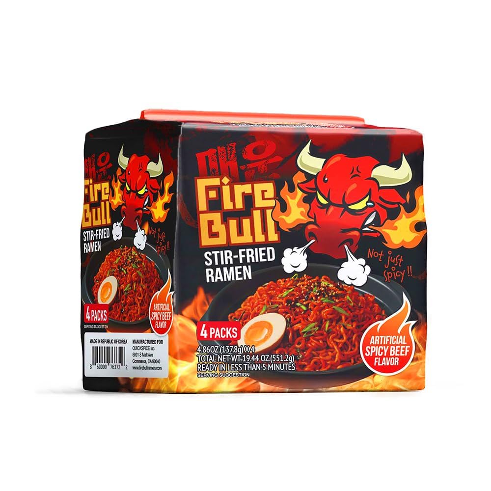 Fire Bull Ramen Intense Spicy Stir-Fried Ramen, Authentic Korean Heat Meets Flavorful Delight | Thick, Chewy Noodles | Quick & Easy Meal (4 Pouches)