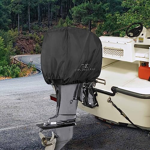 Explore Land Outboard Motor Cover - Waterproof 600D Heavy Duty Boat Engine Hood Covers - Fit for Motor up to 25 HP, Black