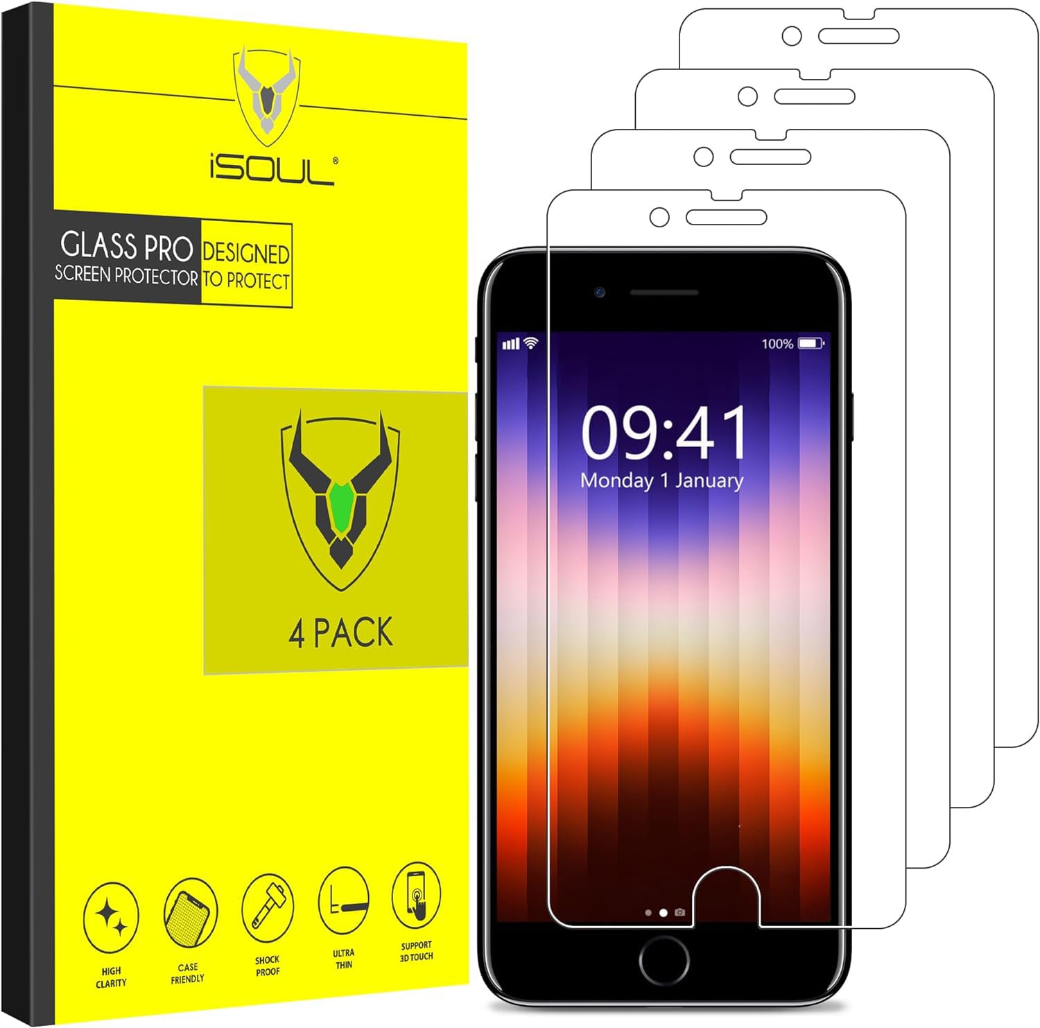 iSOUL 4-Pack Screen Protector for iPhone SE 3/2 (2022/2020 Edition), iPhone 8,7,6s,6, 4.7-Inch Tempered Glass Film [Ultra HD] [3D Touch] [Case Friendly] [Lifetime Replacement Support]