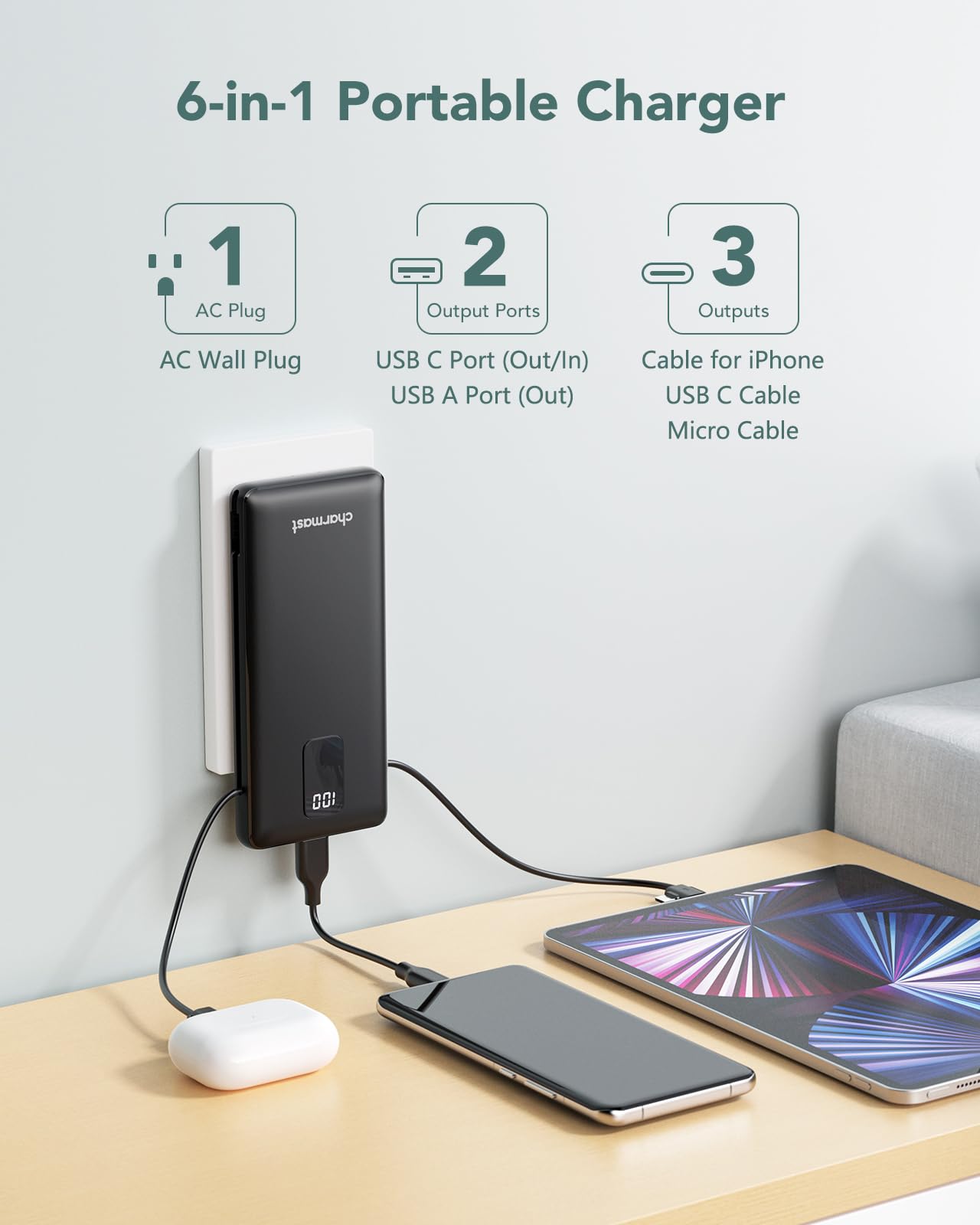 Charmast Portable Charger with Built-in Cables & Wall Plug, 10000mAh Portable Power Bank, External Battery Pack Travel Essentials Compatible with iPhone 16/15/14/13, Samsung, iPad etc