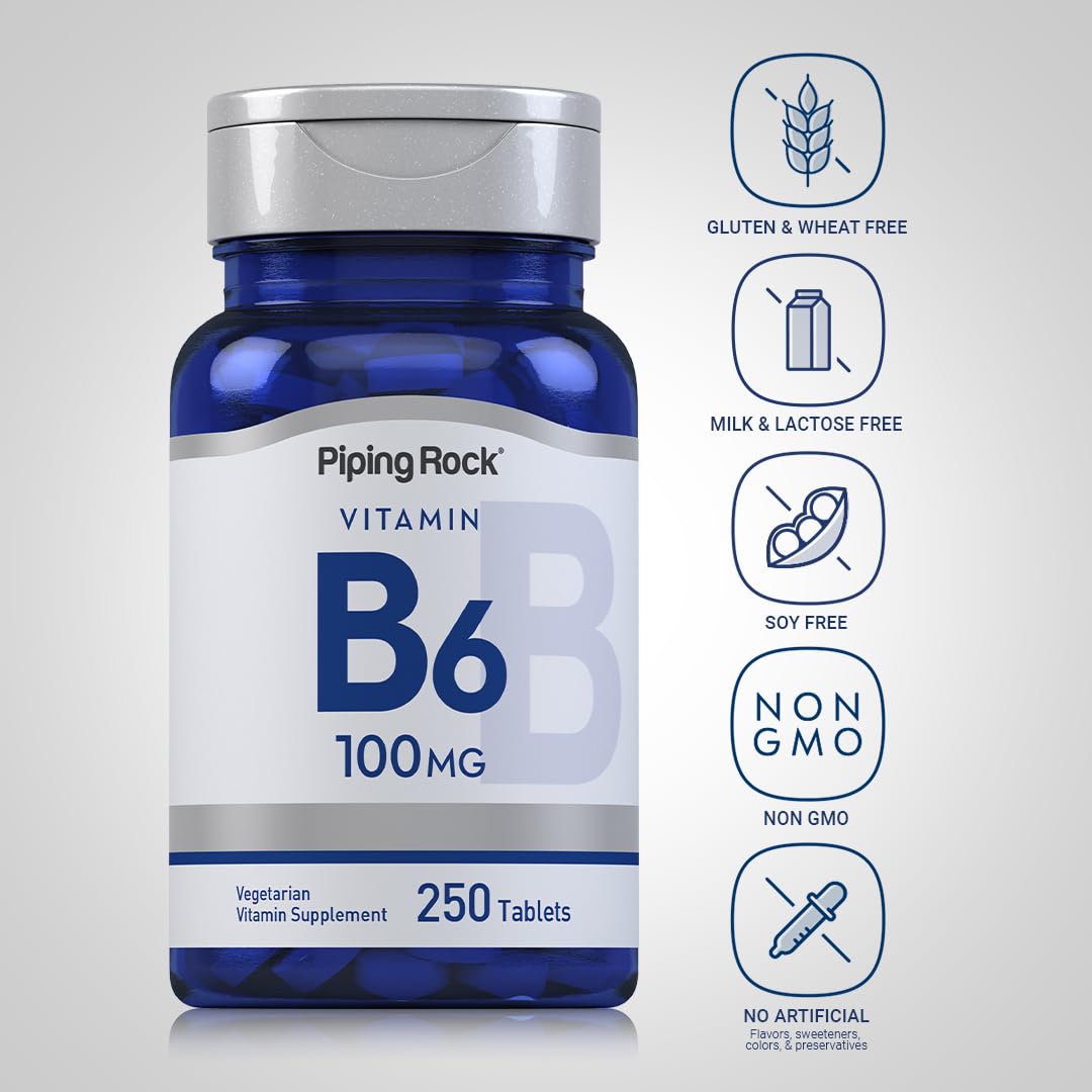 Piping Rock Vitamin B-6 100mg Supplement | 250 Tablets | as Pyridoxine Hydrochloride | Non-GMO & Vegeterian Formula