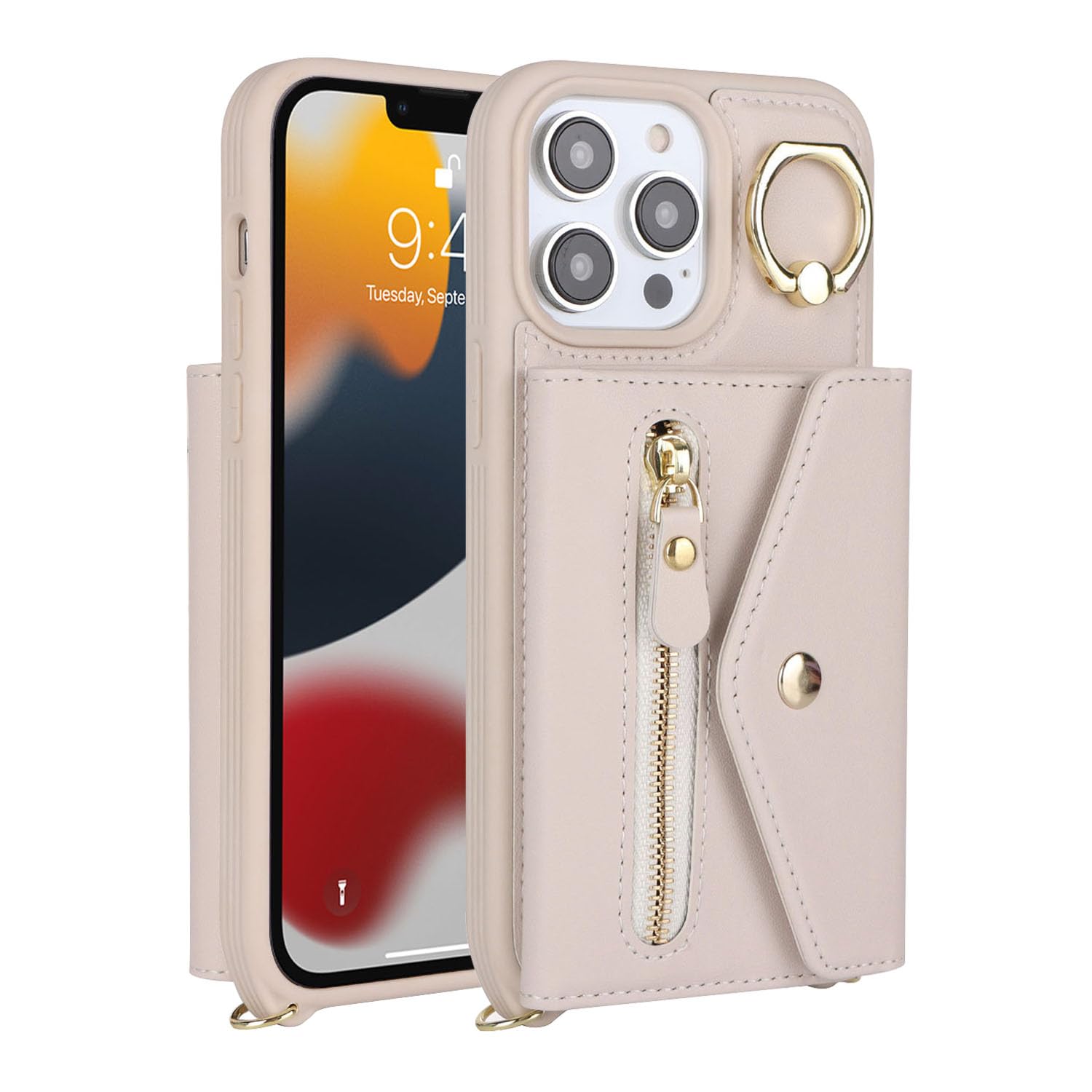 Lipvina for iPhone 11 Pro Max Case Wallet with Strap for Women,Crossbody Lanyard,Zipper Pocket,Credit Card Holder,Stand Ring,Phone Wallet Case for iPhone 11 Pro Max (6.5 inch,Beige)