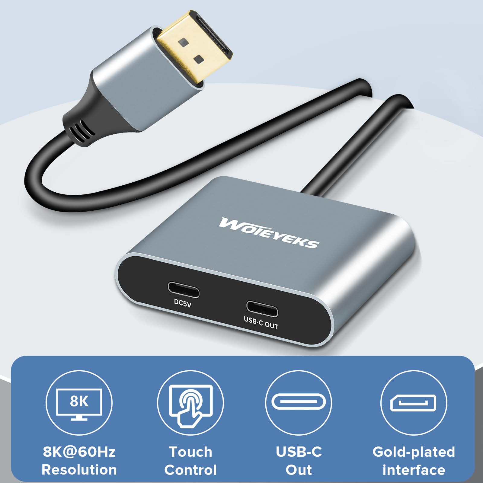 8K 60Hz HDR DisplayPort to USB C Female Cable Adapter with Powered,Uni-Directional DP Input to Type C Display Converter Support Touch,Compatible with VR/XR/AR Glasses、Laptop、PC