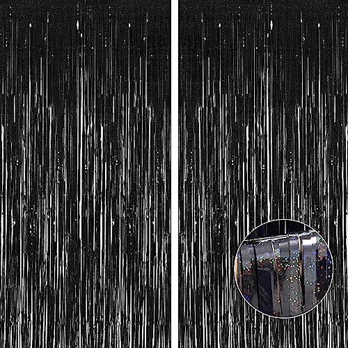 Black Thicken Glittering Tinsel Foil Fringe Curtain Party Decorations 3.2x8.2ft - 2 Pack, Photo Backdrop for Birthday Bachelorette Bridal Shower Baby Shower Graduation Party, Party Streams Décor