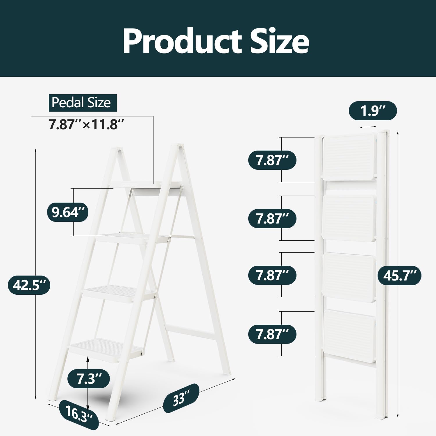 WOA WOA 4 Step Ladder, Folding Step Stool with Wide Pedals, Sturdy Steel Ladders with Anti-Slip Feet, Compact Kitchen Stepping Stool, Supports up to 330 lbs - White