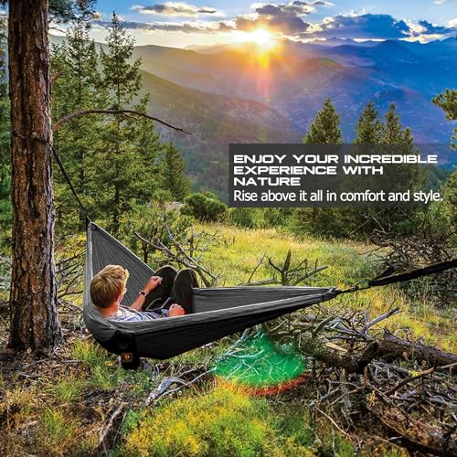 Camping Hammock, Portable Hammocks with Mosquito Net,Lightweight Nylon Parachute Hammock with 10ft Tree Straps,Camping Gear Must Haves for Travel Hiking Backpacking Beach Patio-Black&Grey