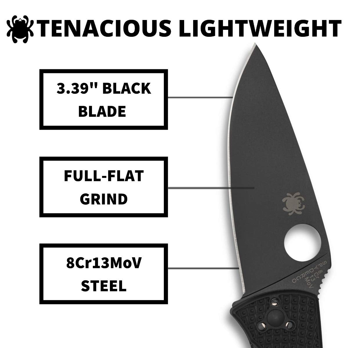 Spyderco Tenacious Lightweight EDC Folding Utility Knife - 3.39" Black Stainless Steel Blade, Black FRN Handle, PlainEdge - C122PBBK