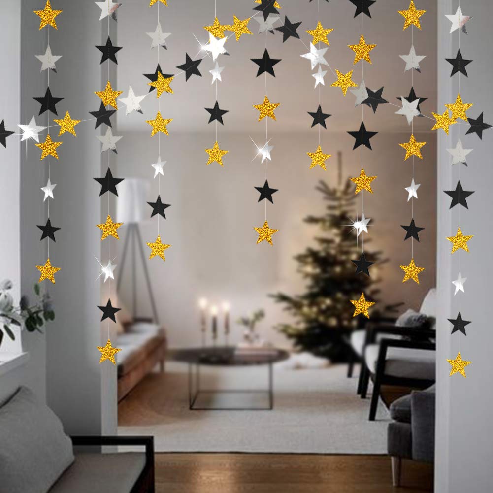 Decor365 Gold Black Star Garland Hanging Star Party DecorationsTwinkle Little Star Starry Night Galaxy Theme Graduation Birthday Bridal Shower Bachelorette NYE New Year’s Eve Party Backdrop Décor