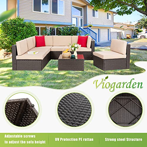 Vongrasig 7 Pieces Outdoor Patio Furniture Sets, Outdoor Sectional Rattan Sofa, PE Manual Weaving Wicker Patio Conversation Set with Cushion, Glass Table, Red Pillow (Beige)