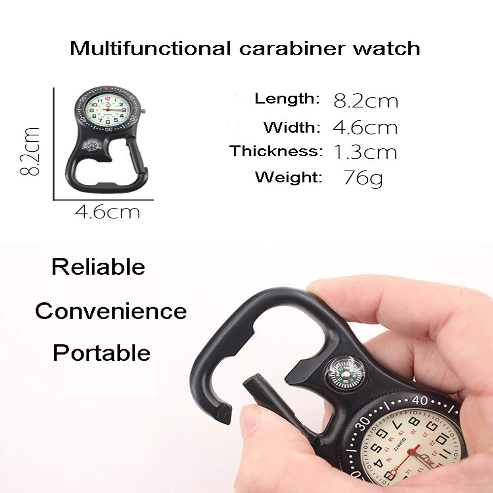 Weicam Men Women Compass Corkscrew Carabiner Clip on FOB Watch Outdoor Adventure Luminous Pocket Watch (Black)