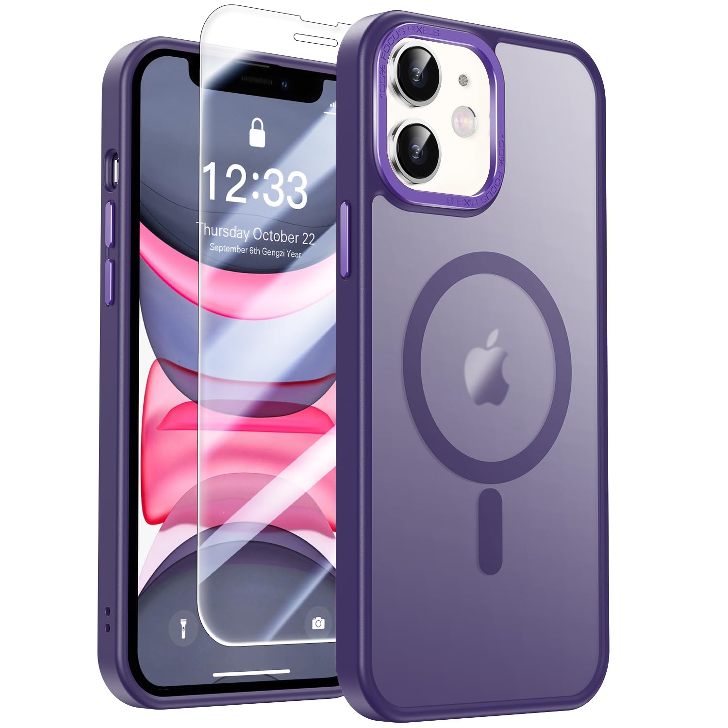 LUHOURI Magnetic for iPhone 11 Case with Screen Protector, Wireless Charging Compatible, Military Grade Drop Protection, Slim Fit Shockproof Translucent Matte iPhone 11 Phone Case 6.1" - Dark Purple