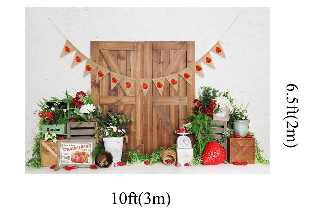 Kate 10x6.5ft Spring Farm Fresh Strawberry Photo Backdrops for Photography Garden Wood Door Decoration Strawberry Banner Kids Birthday Party Photo Background Photocall