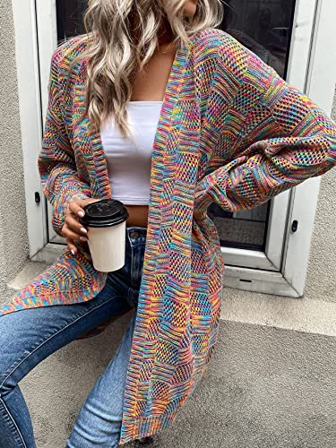 SweatyRocks Women's Color Block Long Sleeve Open Front Cardigan Sweater Knit Crop Top Colorful S