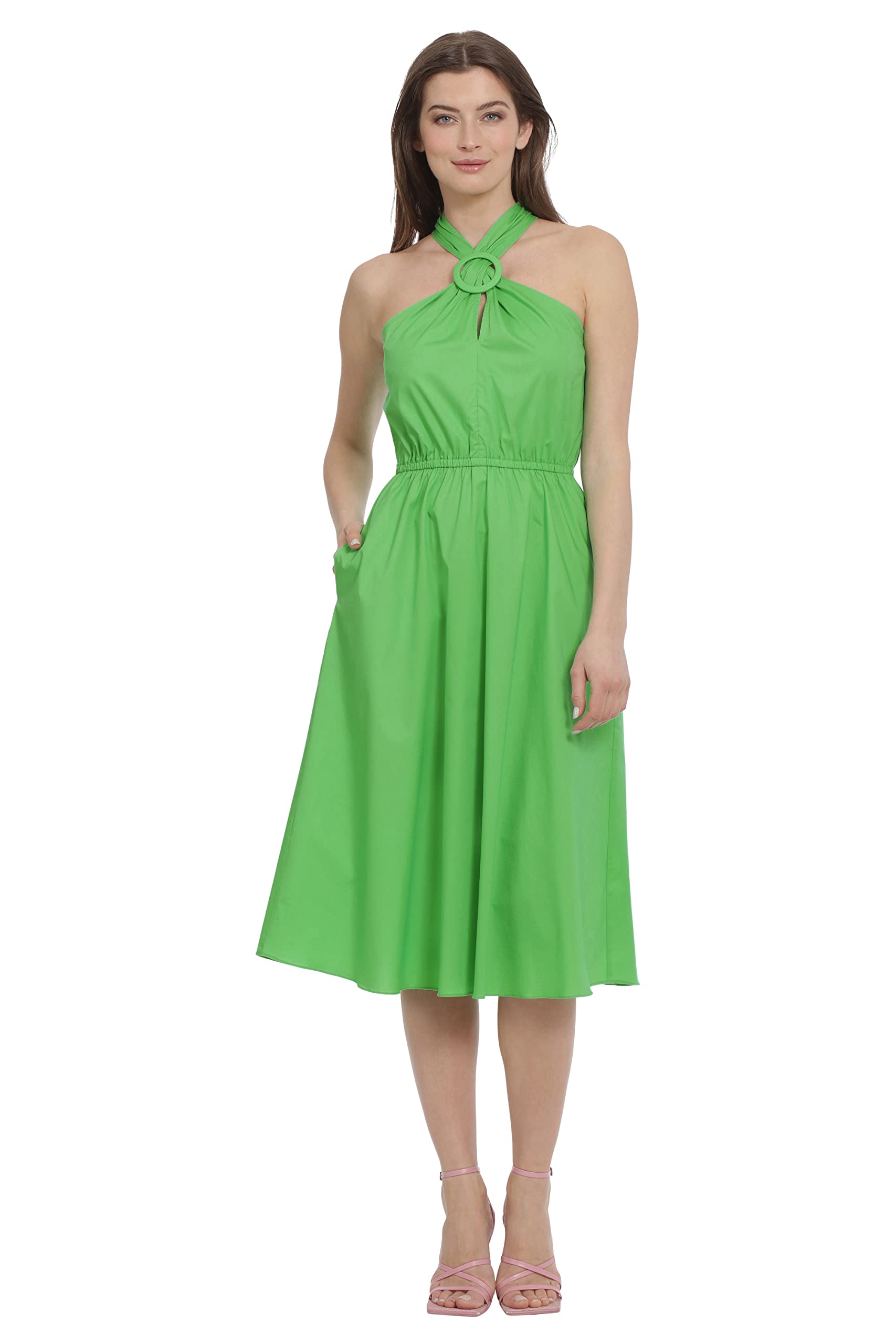 Maggy London Women's Halter Neck with Circle Trim Detail Cotton Poplin Dress Party Occasion Date Guest of, Vibrant Green, 12