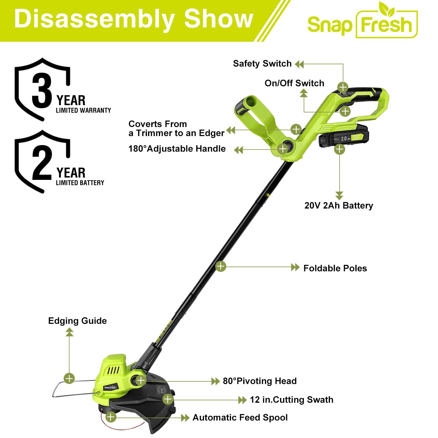 SnapFresh Cordless String Trimmer, 12" Line String Trimmer, 20V Electric Lawn Trimmer with 2.0Ah Battery & Fast Charger for Adjustable Angle Cutting, Lightweight Lawn Edger for Garden Yard