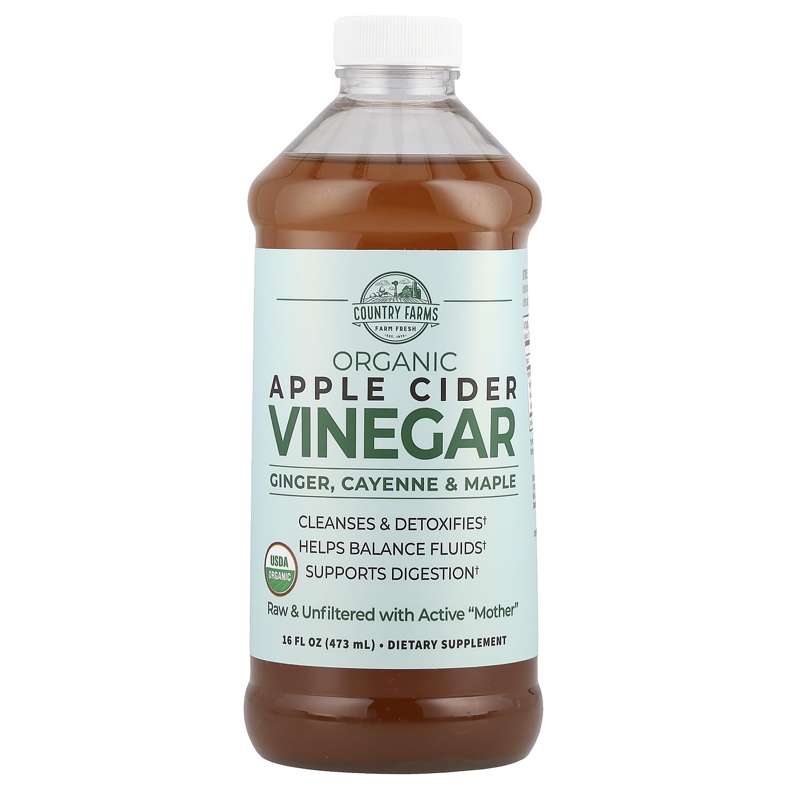Country Farms Organic Apple Cider Vinegar Tonic, Cleanses and Detoxifies, Helps Balance Fluids, Supports Digestion, With The “Mother”, Ginger Cayenne & Maple, 16 Fl. Oz.