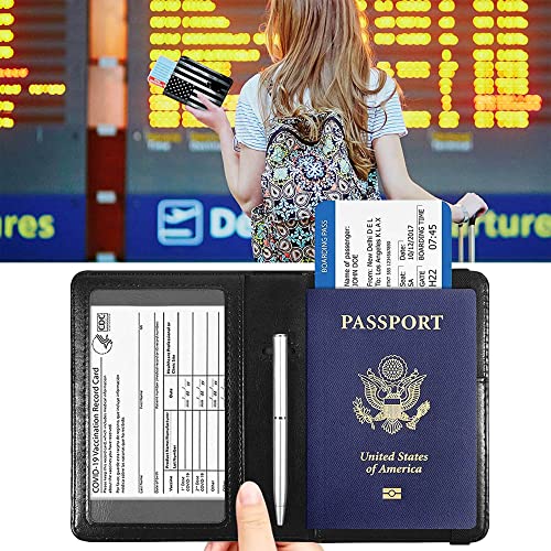 RYUITHDJP Passport and Vaccine Card Holder Combo with RFID Signal Block, American Flag Men Boy Design Leather Credit Card Holder Wallet Cover with Vaccination Card Protector Slot