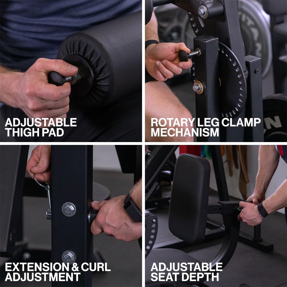 Titan Fitness Plate Loaded Adjustable Leg Extension and Curl Machine, Rated 300 LB, Lower Body Specialty Machine for Extension and Curls, Muscle Focus on Thigh, Quads and Hamstrings